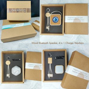 Giftset Wood Bluetooth Speaker, 4 in 1 Charger Keychain พร้อมกล่องกระดาษคราฟท์และสายคาด