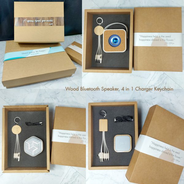Giftset Wood Bluetooth Speaker, 4 in 1 Charger Keychain พร้อมกล่องกระดาษคราฟท์และสายคาด