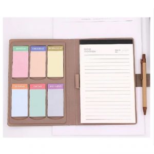 Notebook PU cover: size 11.8*18.8 cm+ paper pen+ note paper 70 sheets+ sticky note 6 set. (30 sheets)