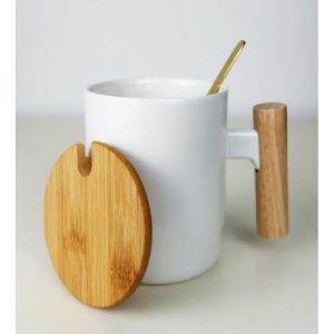 Ceramic mug with bamboo lid แก้วเซรามิค หูและฝาแก้วเป็นไม้ไผ่ พร้อมช้อน